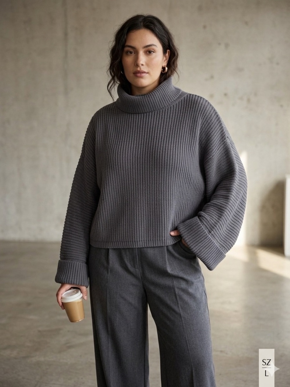 Paper Label Heathered Graphite Grey Ribbed Turtleneck Cropped Pullover Size L